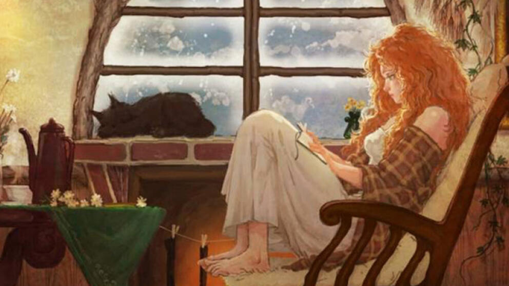 Девушка читает книгу зимой